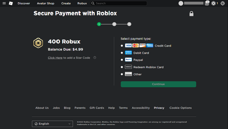 Roblox Transactions - Payment Screen